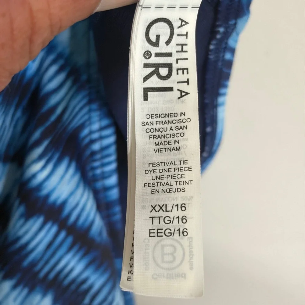 Athleta Girl Festival Tie Dye One‎ Piece Swimsuit Blue Navy XXL 16 Cutout Back
